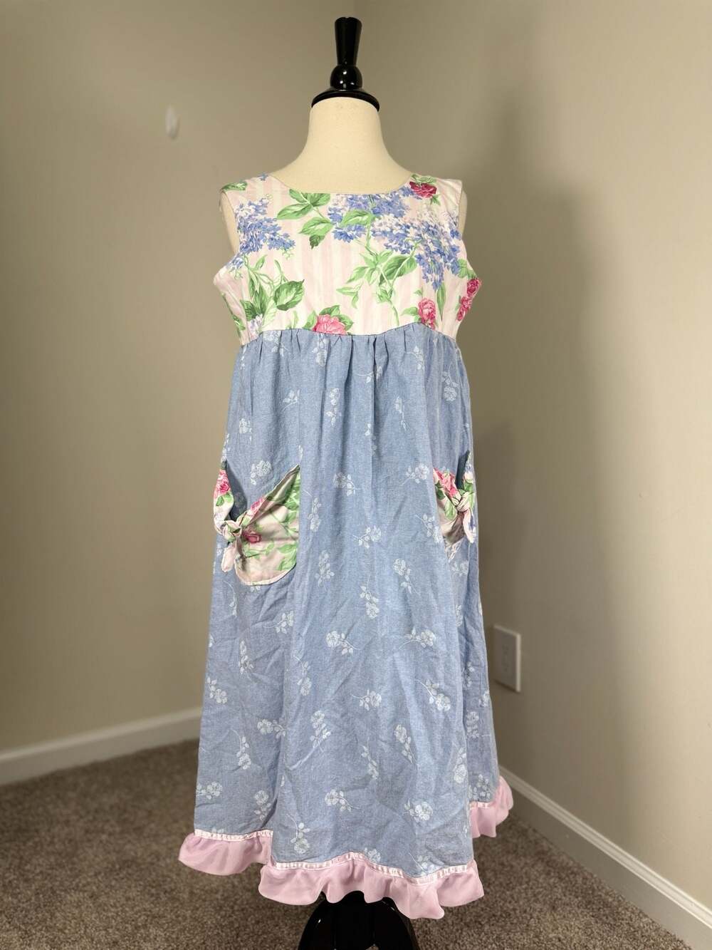 Upcycled Shabby Chic Floral Denim Tunic Dress Ruffle Hem Cottagecore Handmade